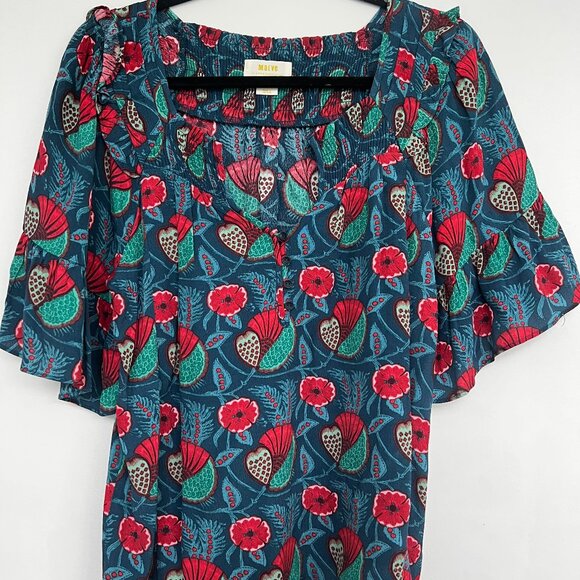 Anthropologie Mave Floral Shirt - Green with Red Floral Patterns, Size Small - Picture 2 of 7